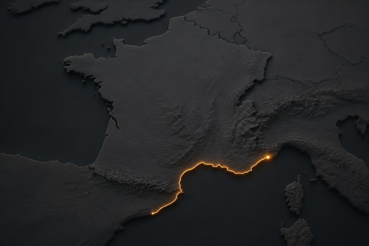 Map of France highlighting a main route from Barcelona