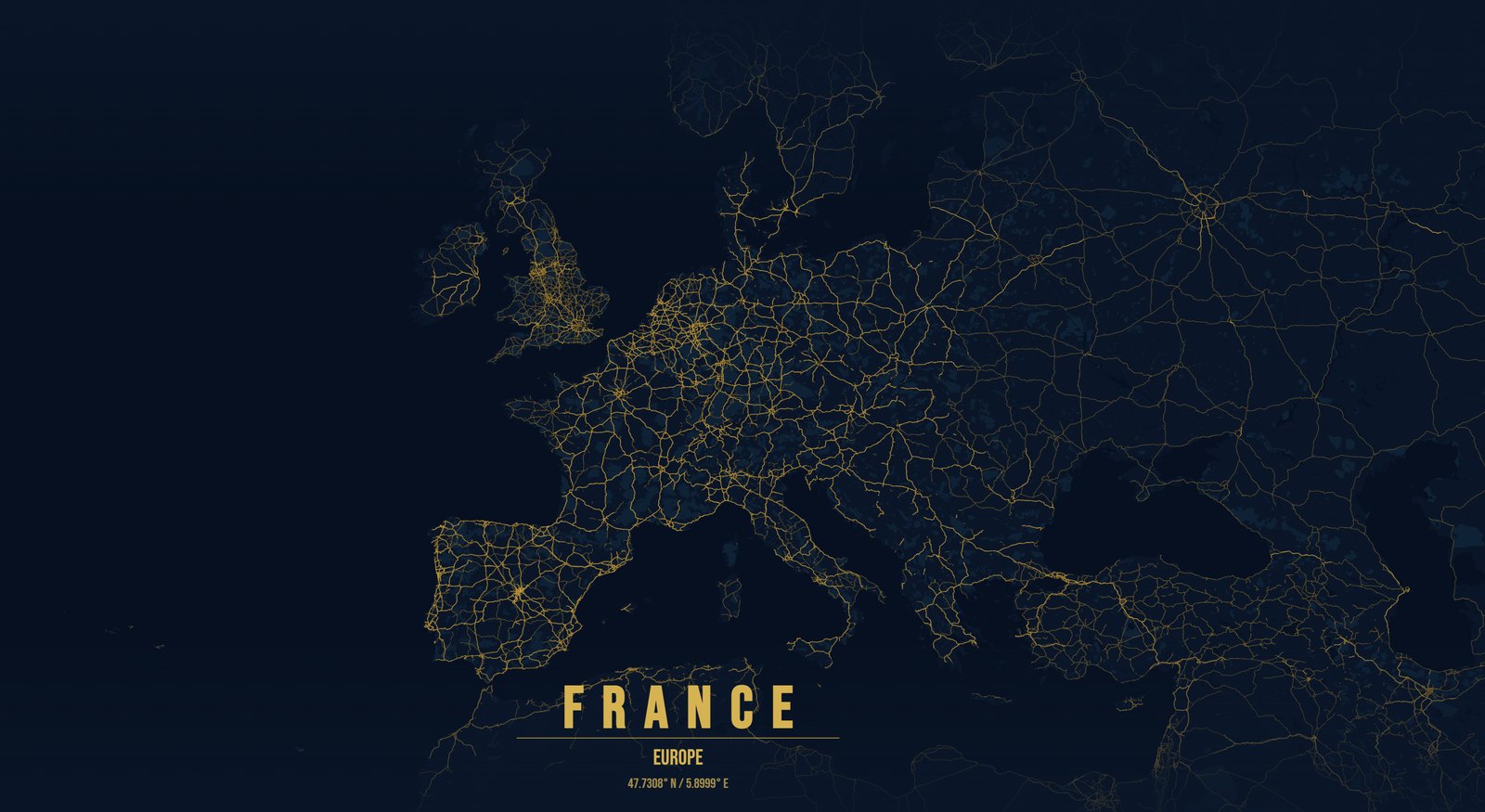 Night map of the road network across France and Europe with routes from Barcelona